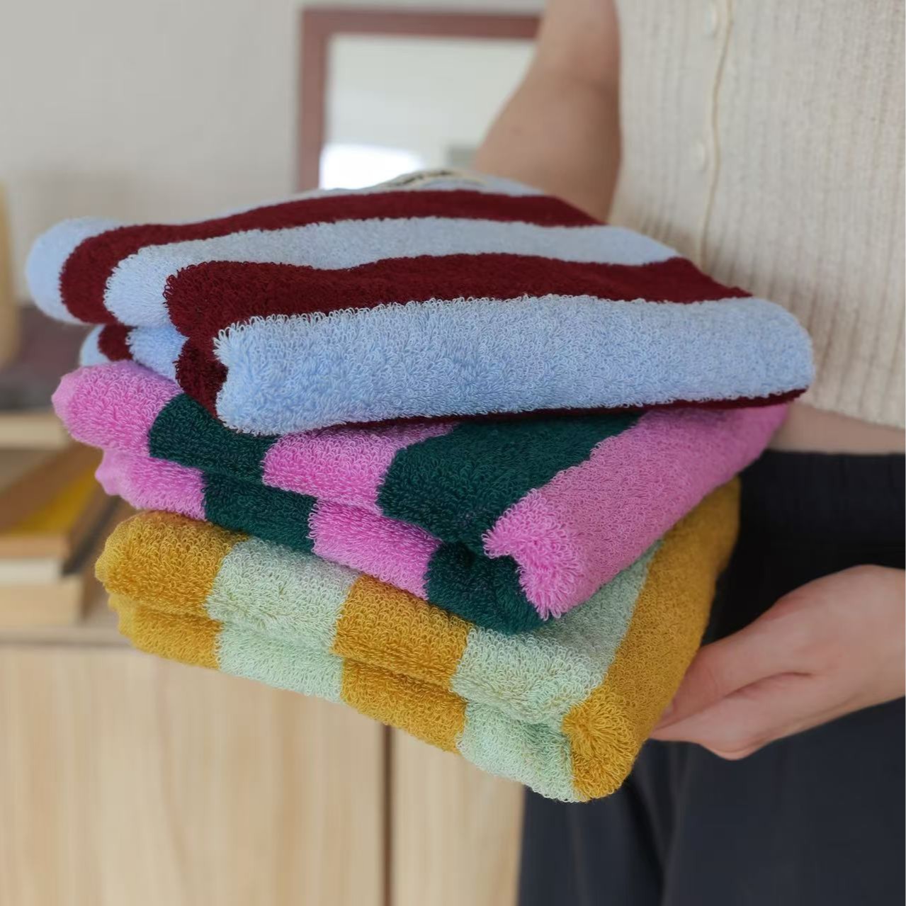 Cloth Face Mask Washable - Retro Striped Pure Cotton Towels Soft